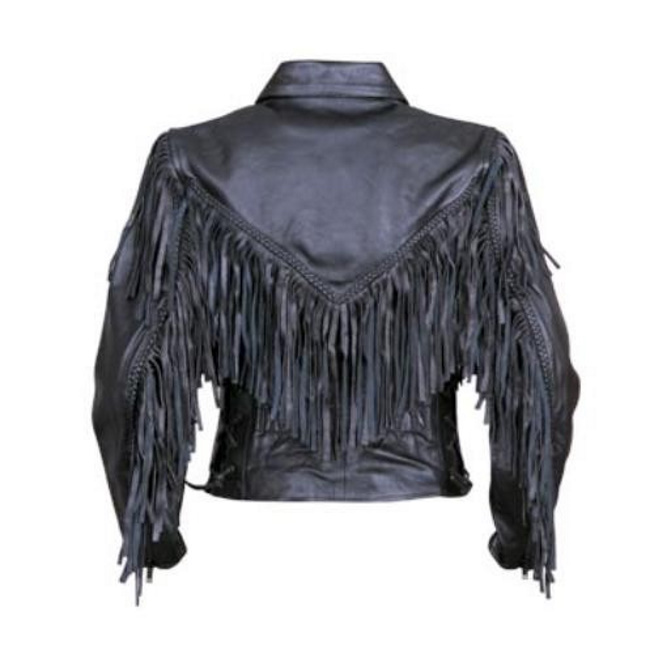 (image for) Ladies black Cowhide Leather jacket braided with fringe